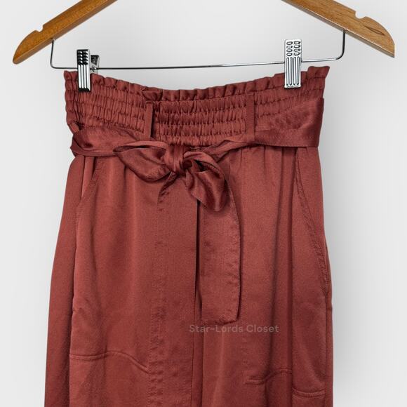 Abercrombie S Burnt Red Satin Paper Bag Pants High Rise Smocked Belted Trousers - Picture 3 of 8